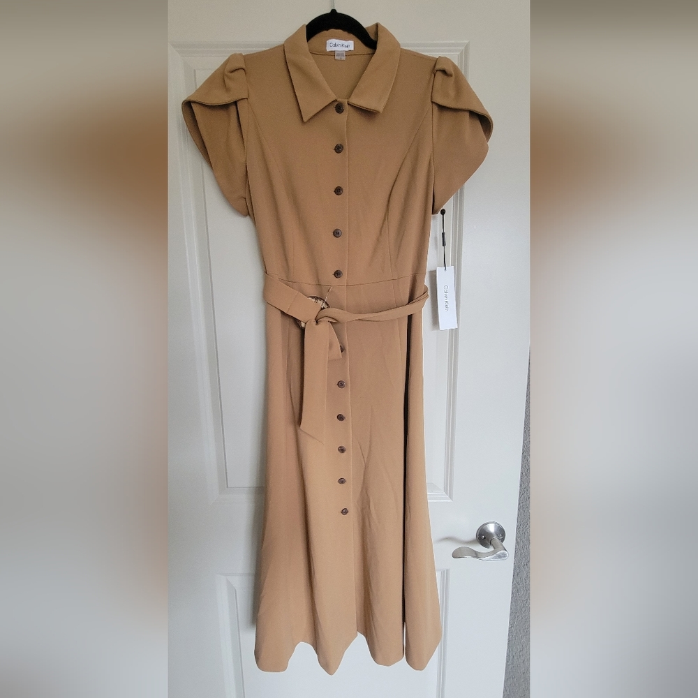 Brand New Calvin Klein Tulip-Sleeve A-line Shirtdress. Women's size 10. Tan.
